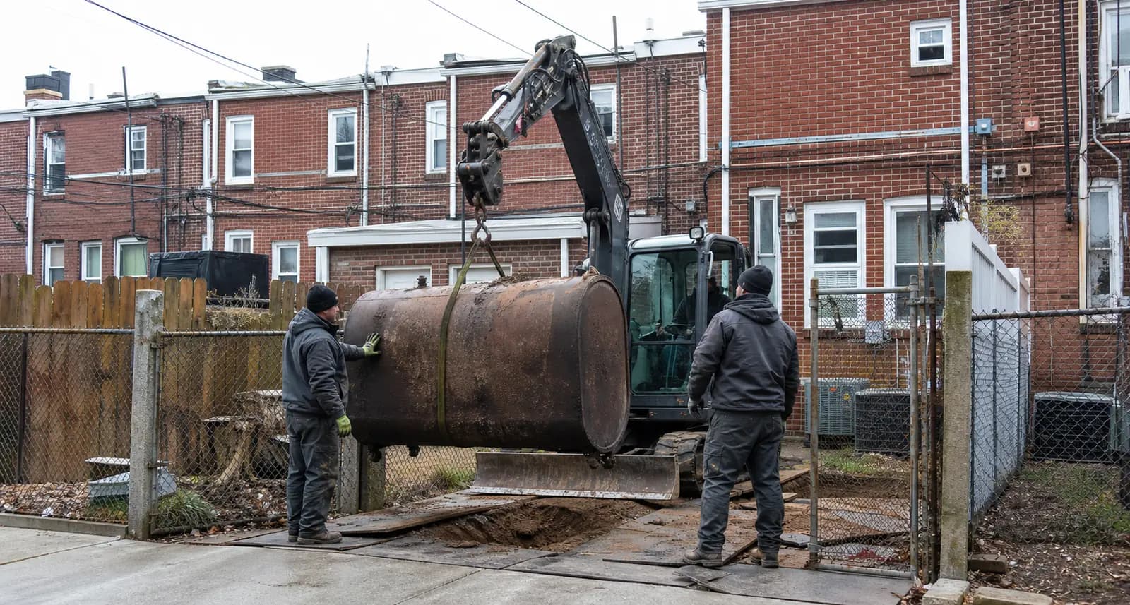 A steel heating oil tank being lifted from a rear yard behind Philadelphia rowhouses