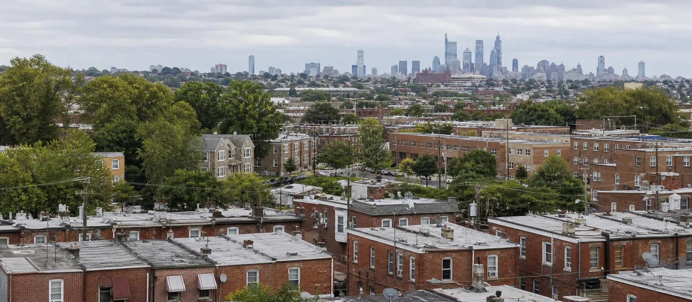 Philadelphia neighborhoods and housing seen across the city toward Center City