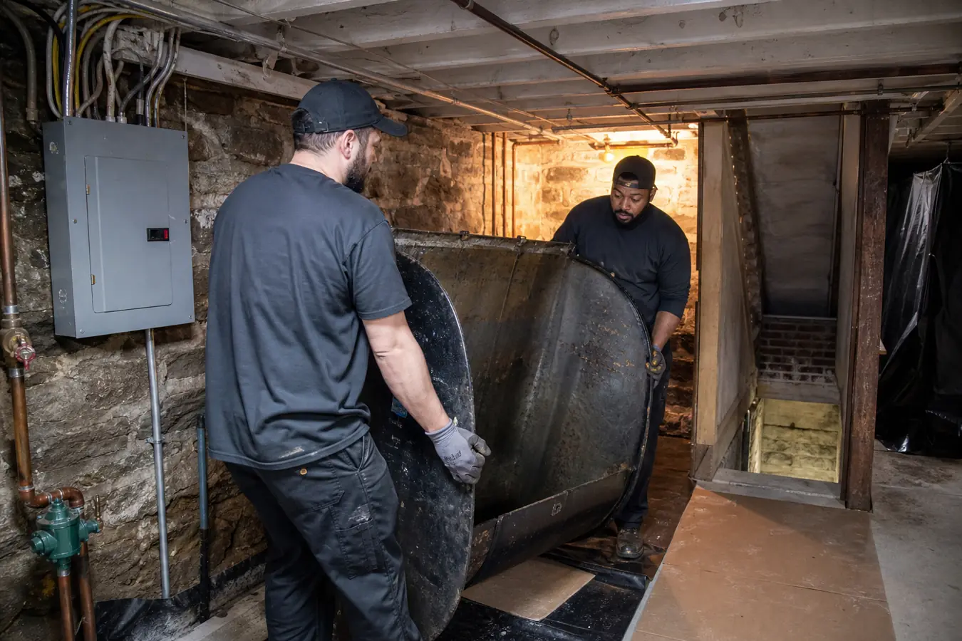 Technicians carrying a cleaned oil tank section through a Philadelphia rowhouse basement