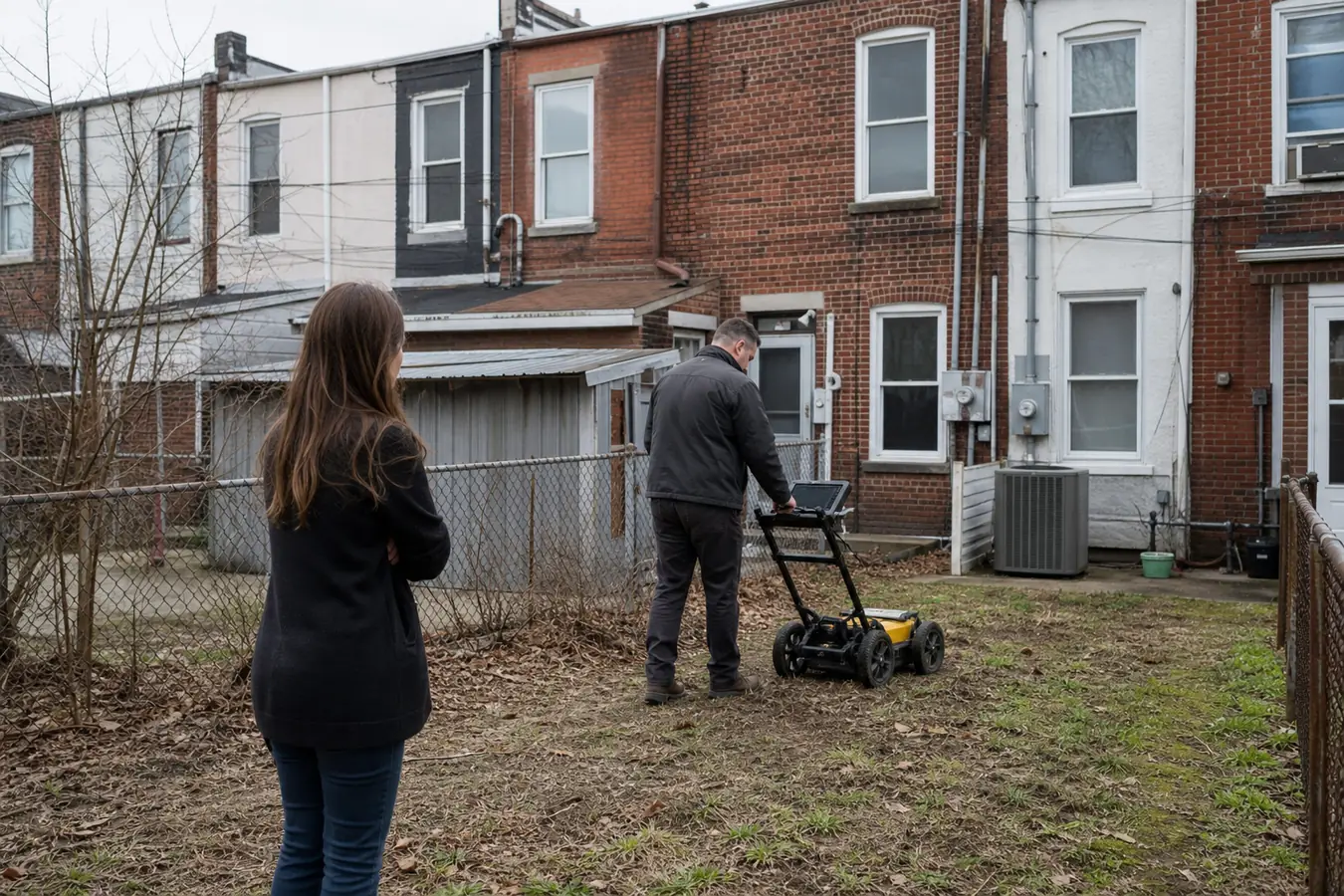 Prospective homeowner observing an oil tank sweep behind Philadelphia rowhouses