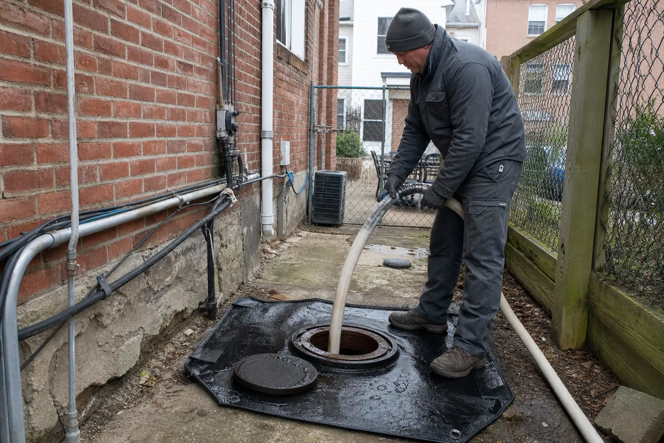 Technician preparing an underground oil tank for abandonment in a Philadelphia rear yard