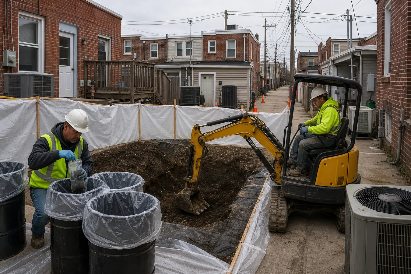 Environmental crew remediating soil behind Philadelphia rowhouses