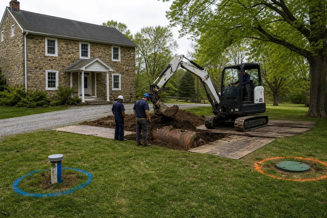 Oil tank excavation near a stone home in Chester County Pennsylvania