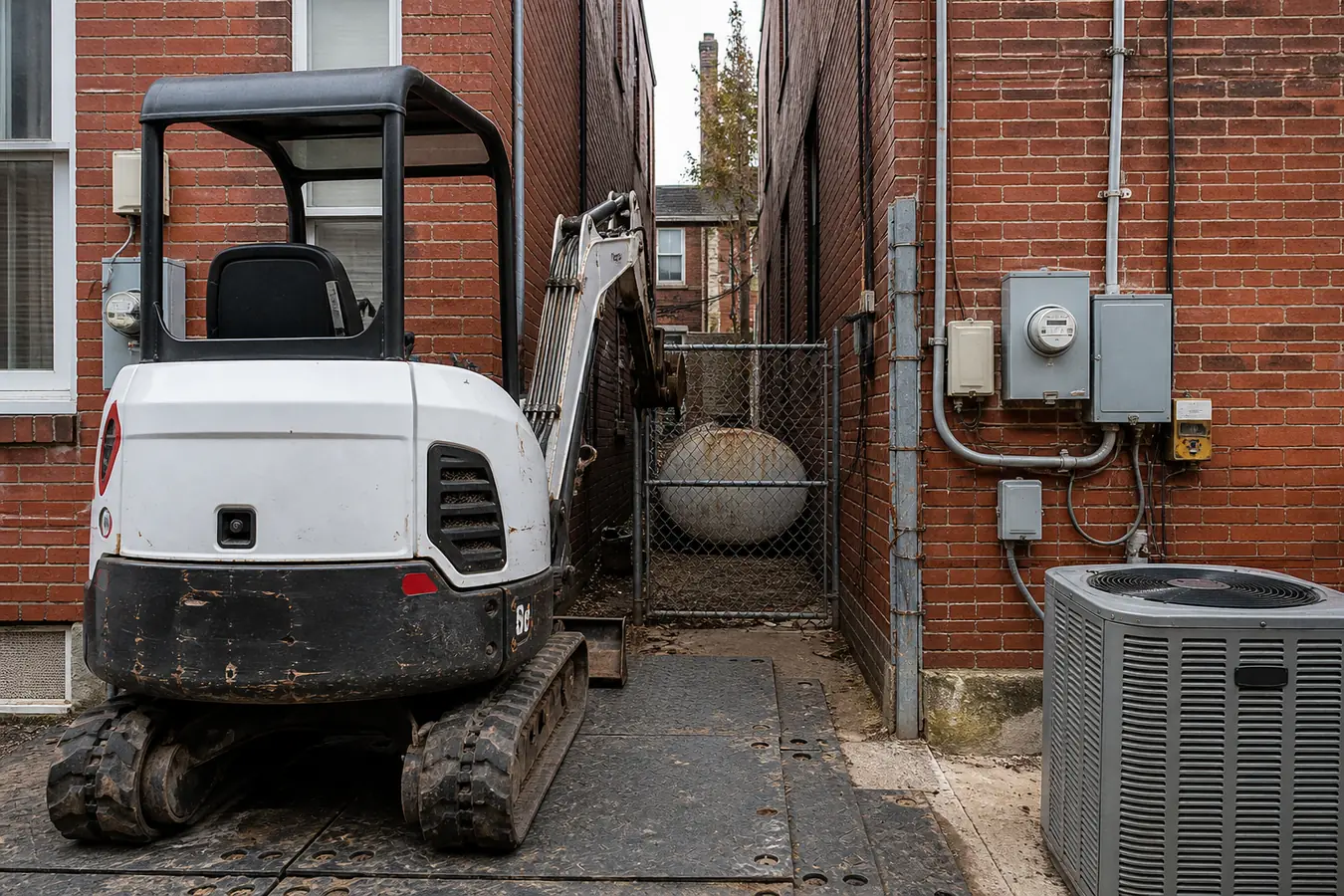 Compact excavator negotiating narrow access between Philadelphia brick homes