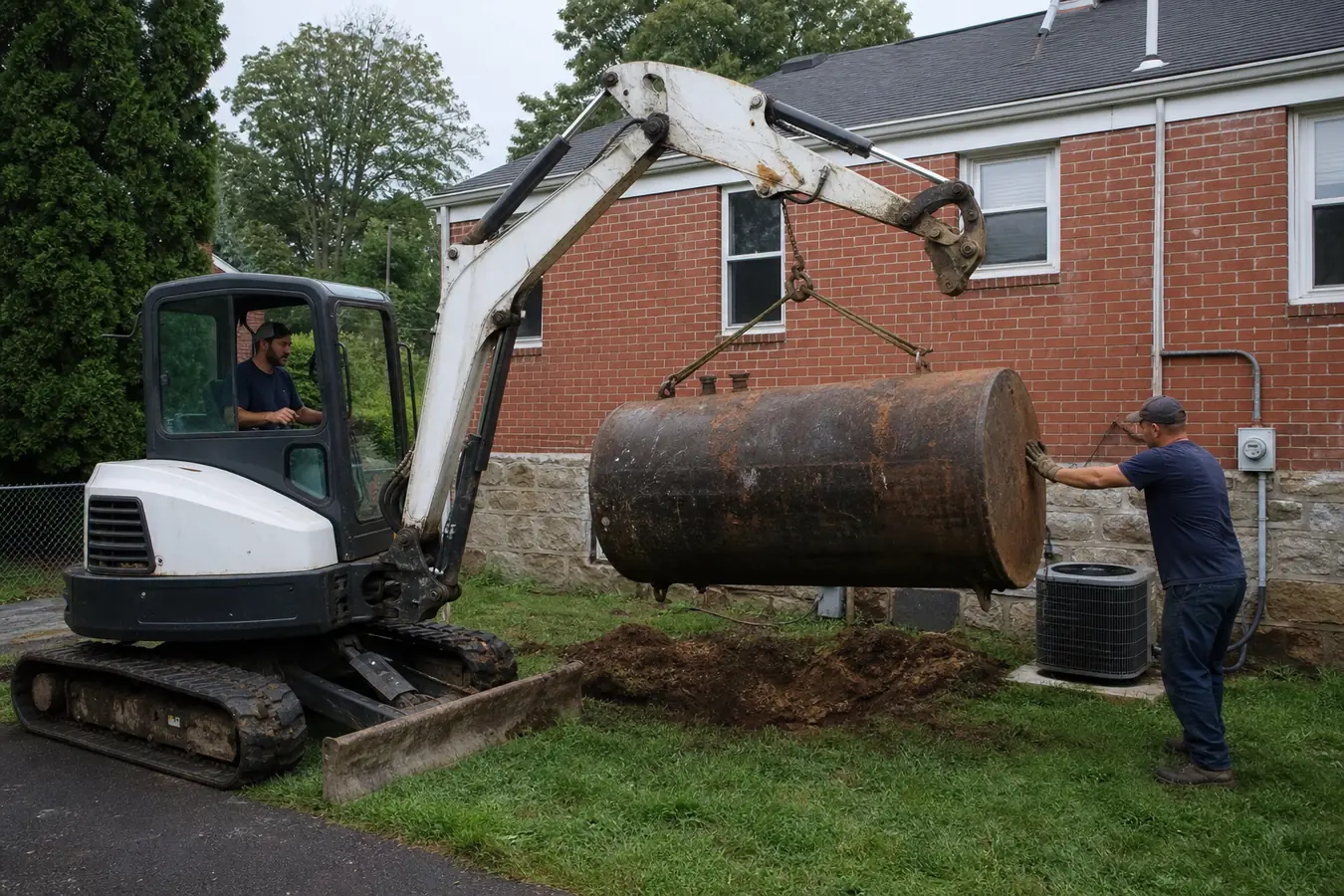 Oil tank removal beside a brick twin home in Delaware County Pennsylvania