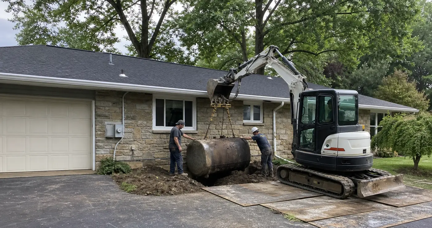Oil tank removal beside a stone-front ranch home in Montgomery County Pennsylvania