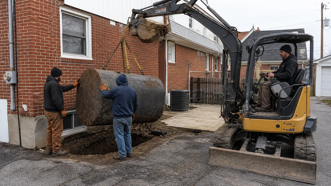 Oil tank removal with rear driveway access in Northeast Philadelphia
