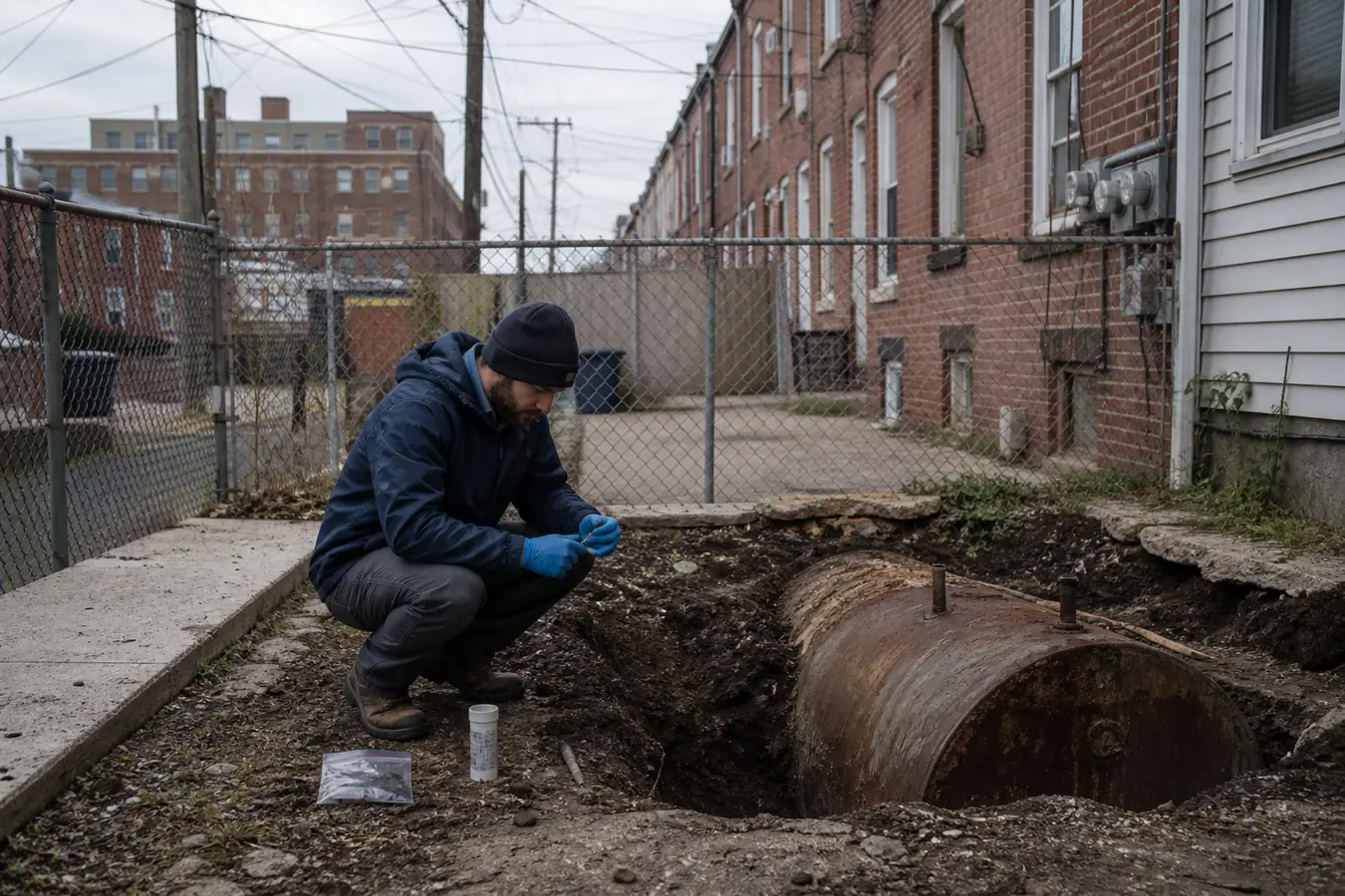 Technician sampling soil beside an exposed tank in the Philadelphia River Wards