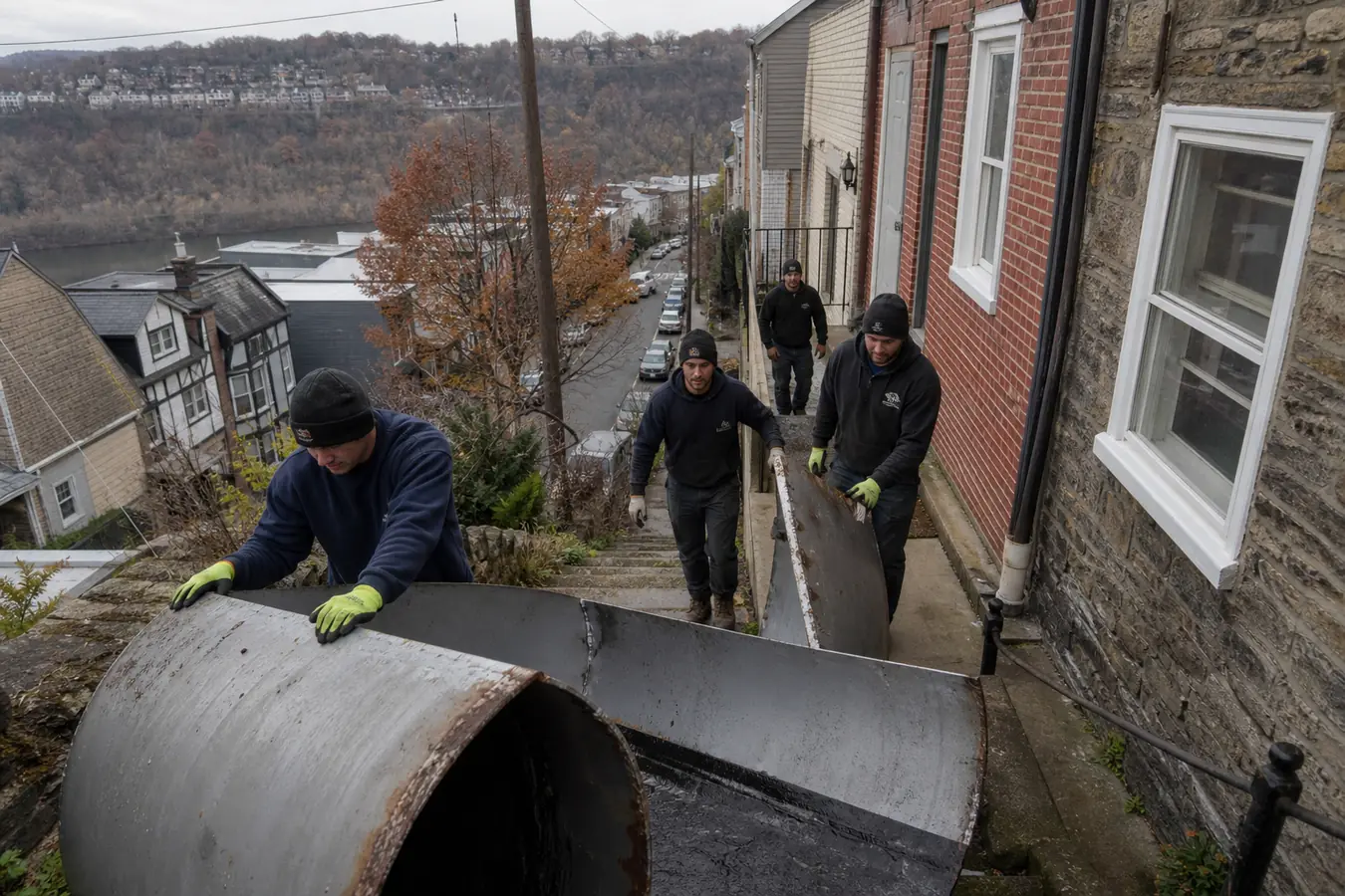 Crew carrying cleaned tank sections on a steep Manayunk property