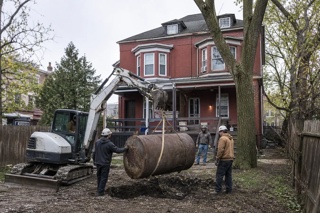 Oil tank removal behind a Victorian twin in West Philadelphia