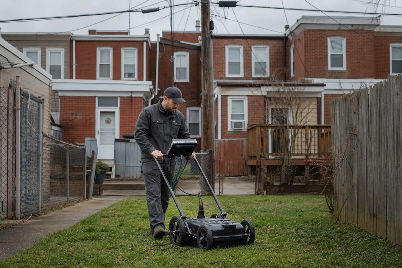 Technician scanning a Philadelphia rowhouse yard for a buried oil tank