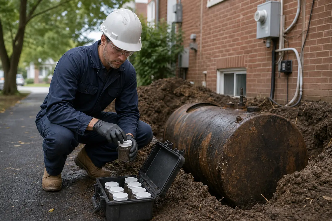 Environmental technician sealing soil samples beside an exposed heating oil tank