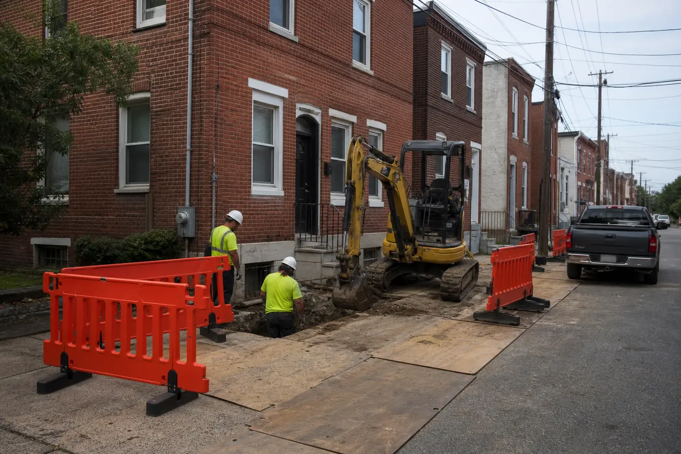 Protected residential oil tank work zone on a Philadelphia street