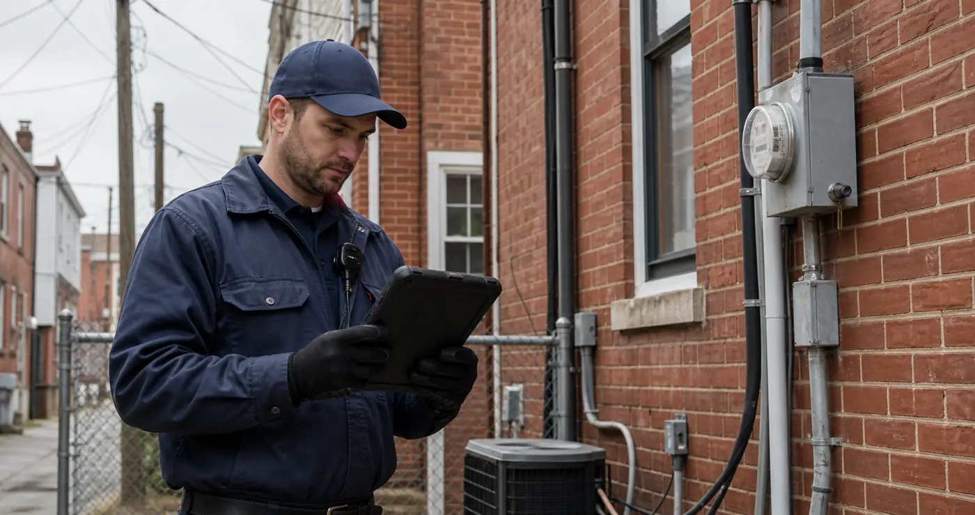 Philadelphia oil tank technician reviewing a secure digital site record
