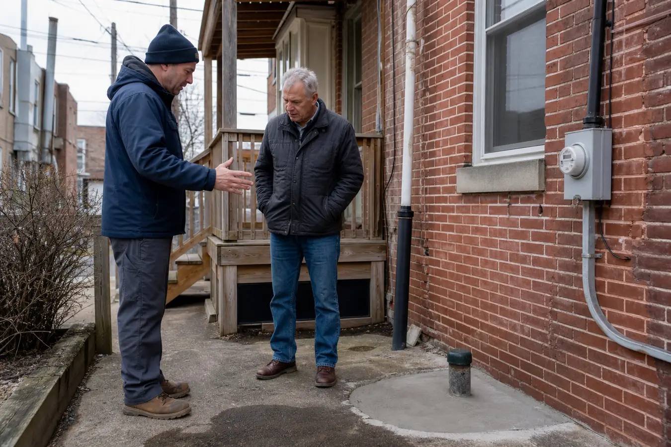 Homeowner reviewing a restored former oil tank area with a specialist