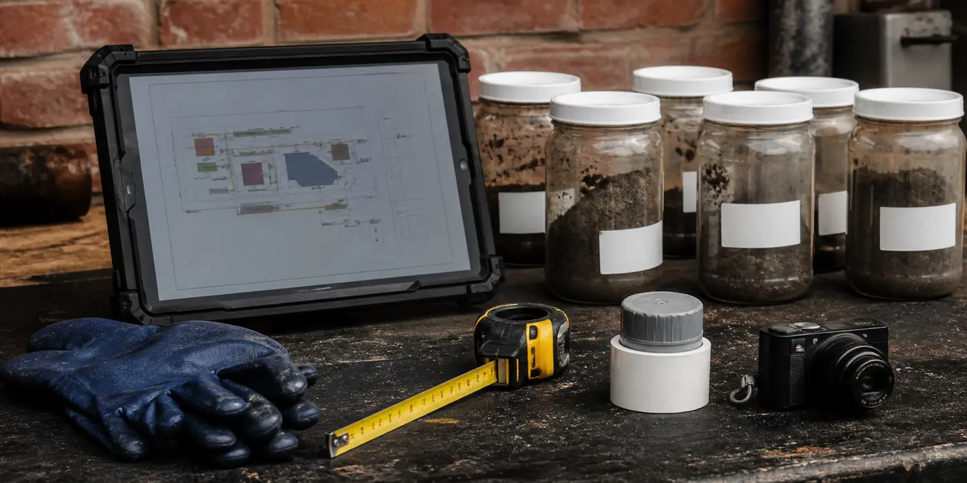 Digital site records and soil samples arranged on a field workbench