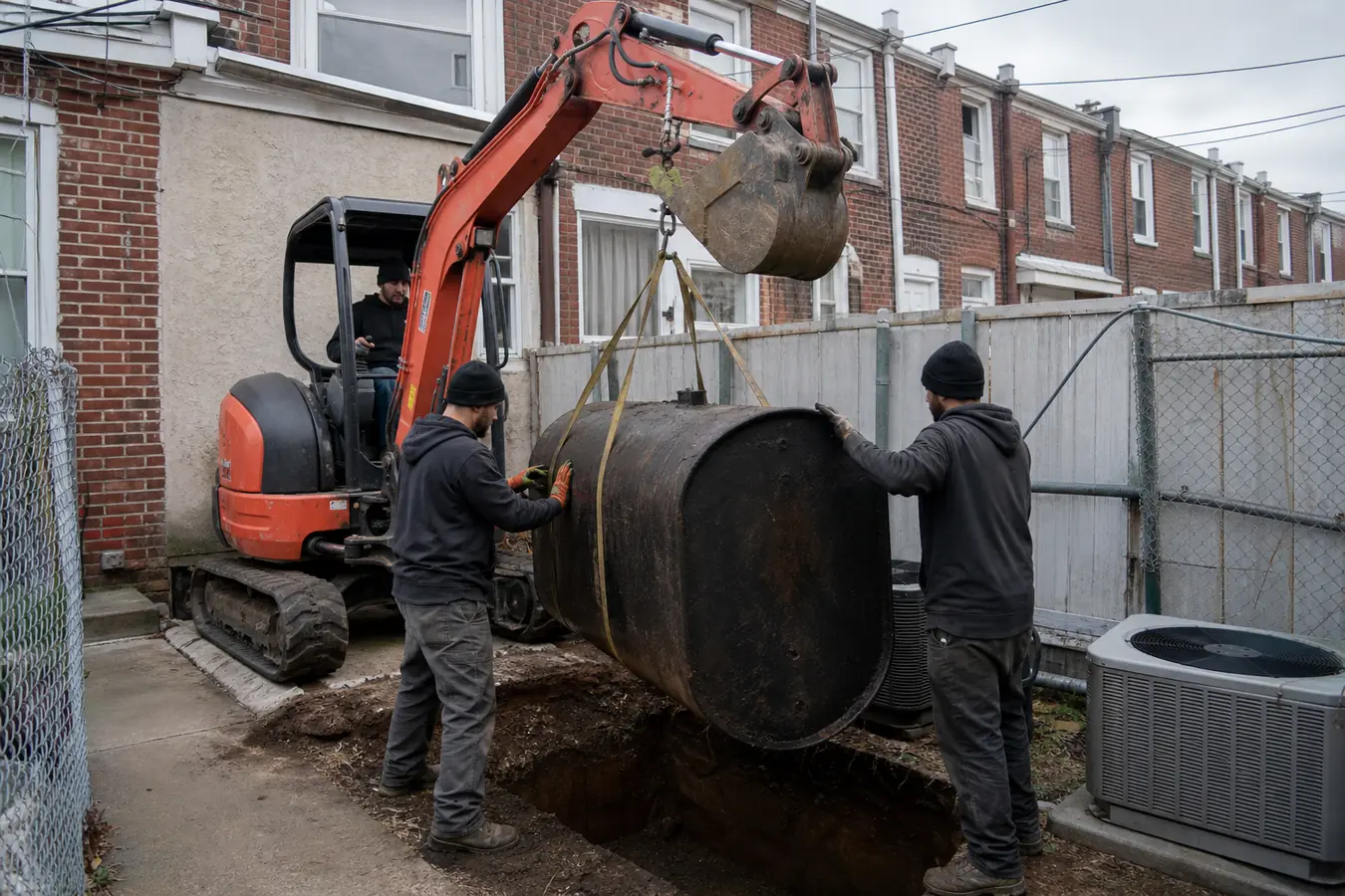 Crew lifting an underground heating oil tank behind Philadelphia rowhouses